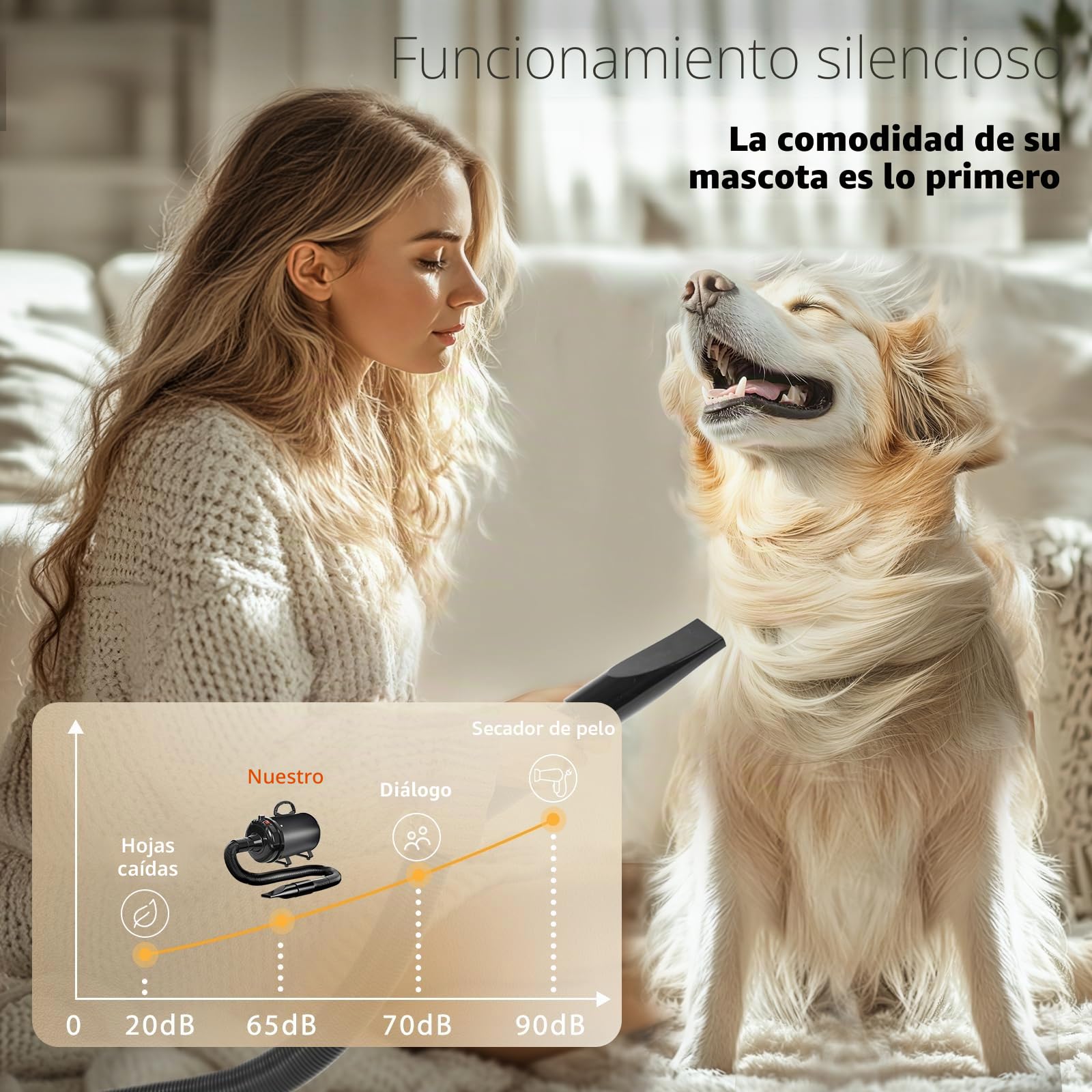 Secador de Pelo de Perro Blaster 3000 W, Secador de Pelo para Mascotas, Calentador de Temperatura de bajo Ruido con 4 boquillas Diferentes,Negro Profundo