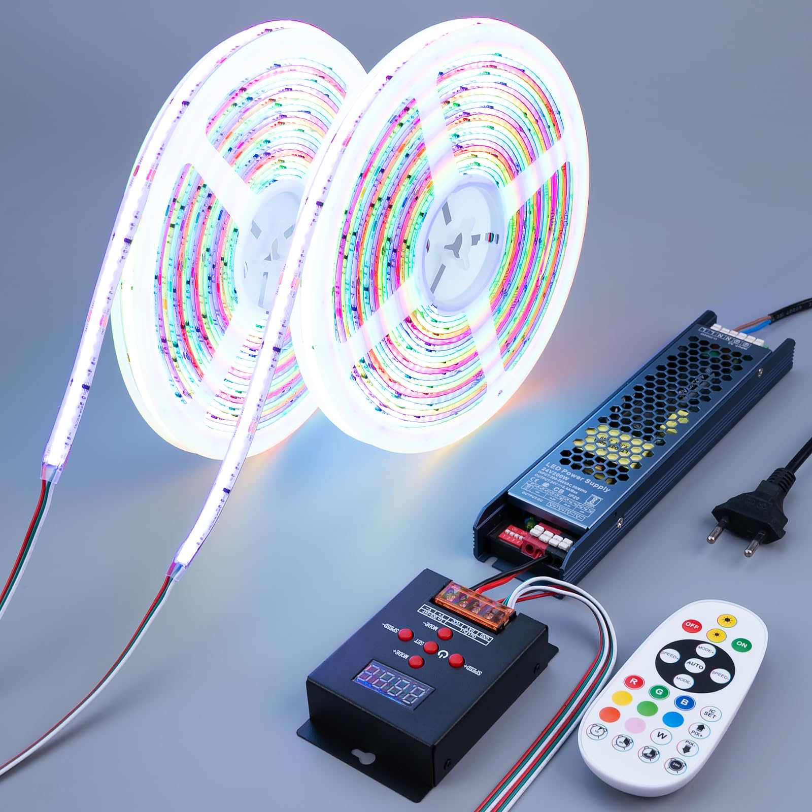 BENLUN Striscia LED COB WS2811 24V 20 Metri, RGB+IC Effetto Chase Luci LED | Strisce LED Dimmerabile Adesive 180W con Telecomando e Alimentatore per camera da letto, Cucina, Gaming, 10 Metri X 2