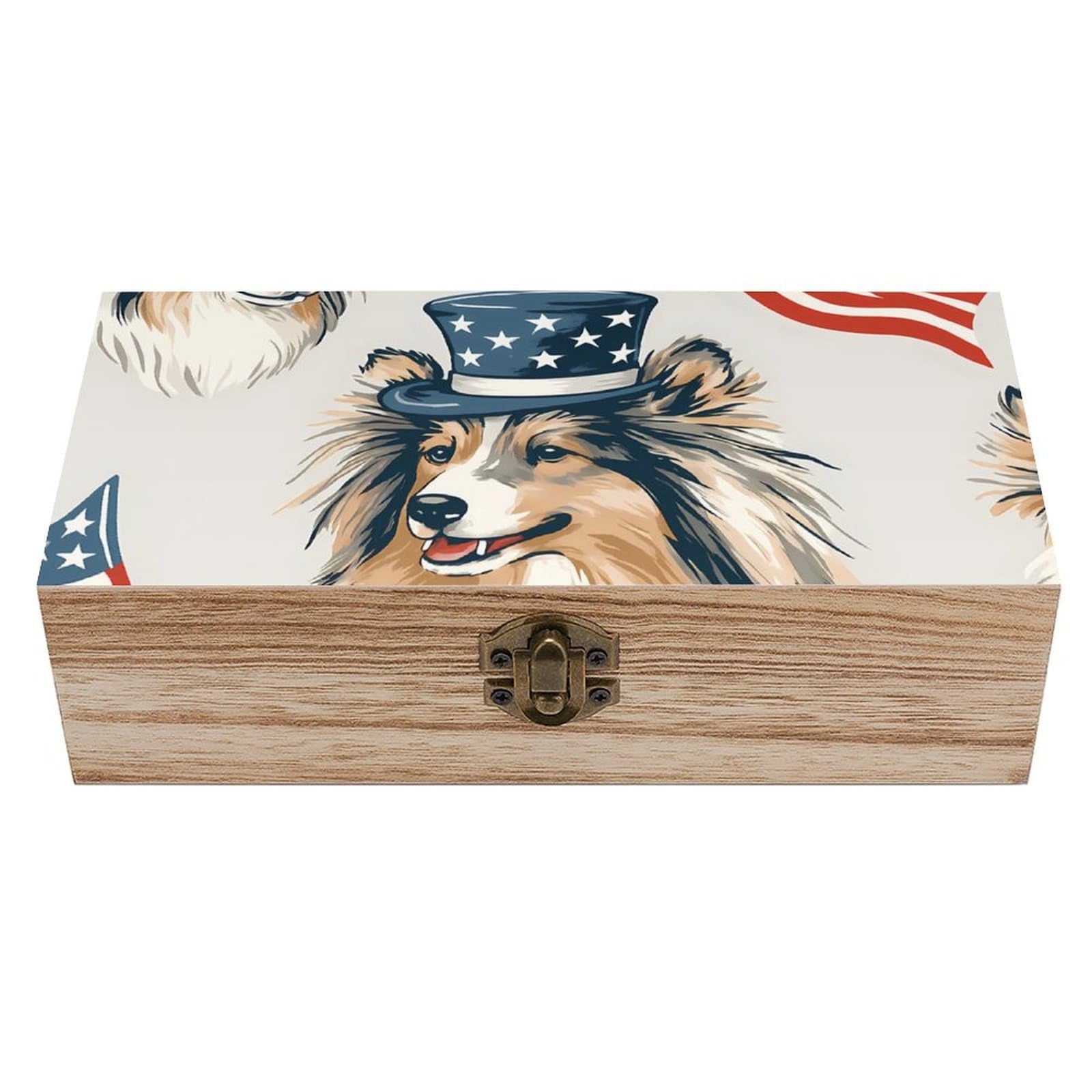 HLBSDM Serene Australian Shepherd with Star Hat Retro Wooden Storage Box Jewelry Art Gift Boxs Decorative Keepsake Boxes