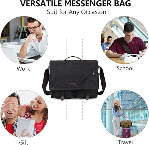 Miniatura 7 de Bolsa de mensajero para hombre, lona Satchel 14 17 en maletín para ordenador portátil Bookbag Schoolbag, Gris profundo 16.9in, 17 pulgadas,