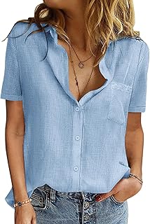 Blusas Mujer Verano Algodón Camisa Manga Corta Elegante Cuello en V Blusa Enrollada Puños Camisetas con Botones Casual Sueltos Shirt Tops Básicas de Color Sólido