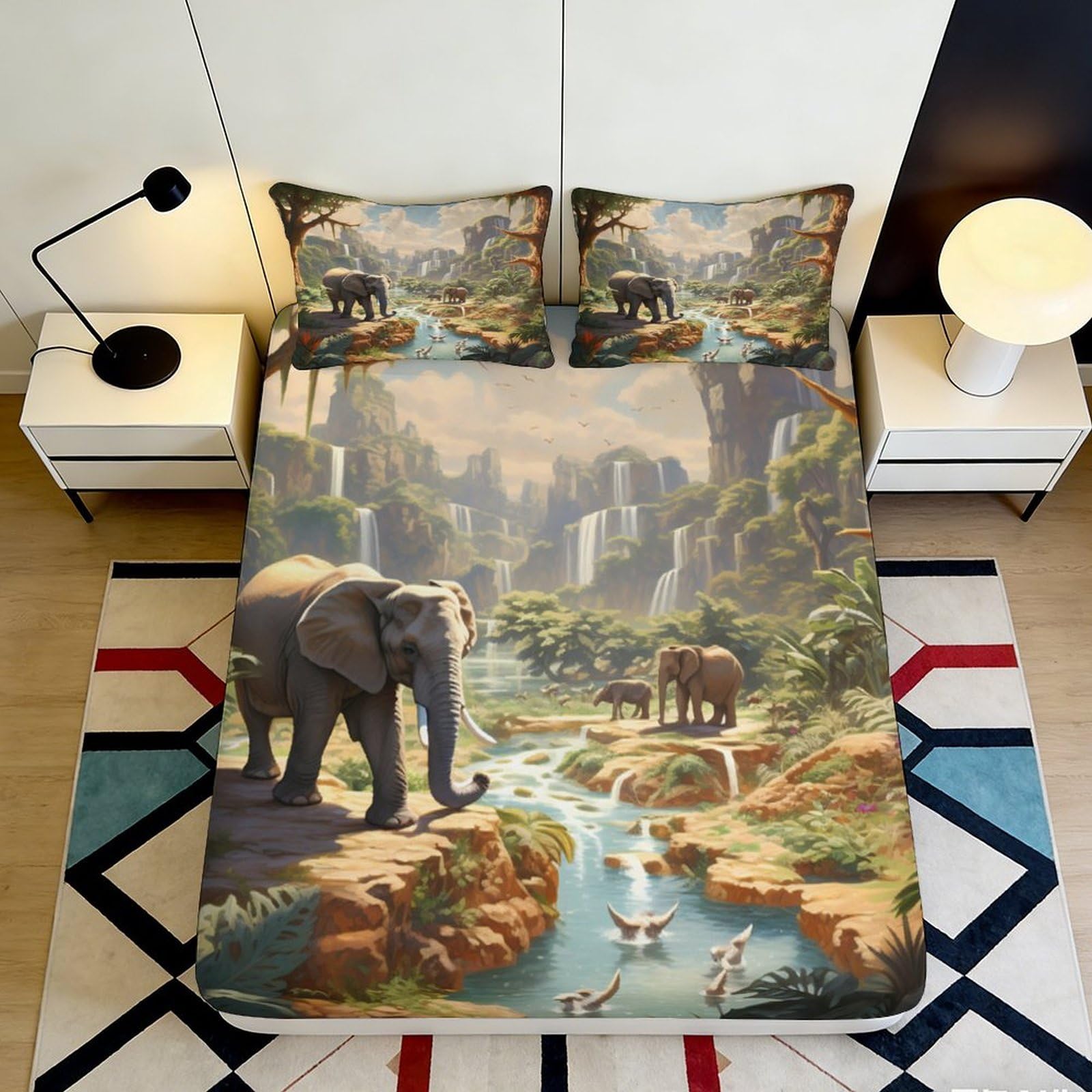 3D Printed Jungle Elephant Fitted Sheet Microfiber Deep Pocket All-Age Jungle Elephant Mattress Fitted Cover Washable 120x200x25cm