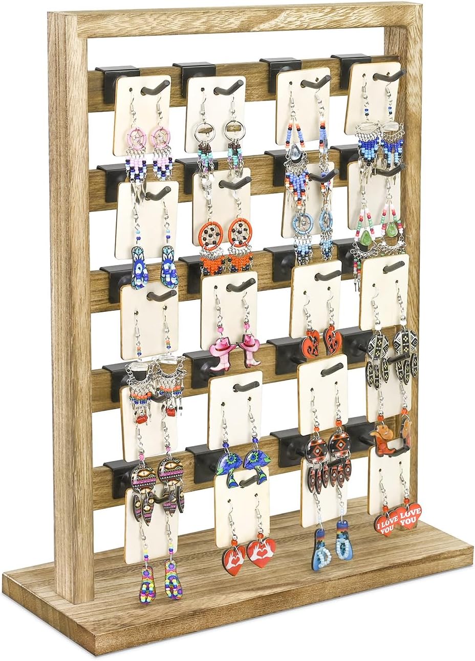 Ikee Design Wooden Jewelry Display Rack with 20 Removable Metal Hooks, Earring Card Display Holder Stand for Earring Cards, Necklaces, Bracelet, Keychain Stand, Oak Color