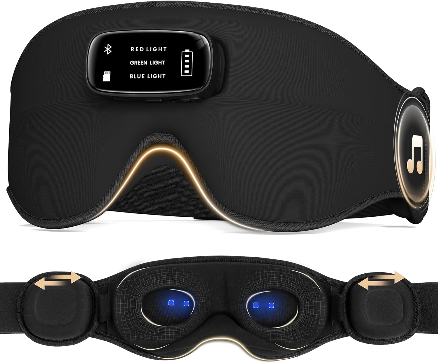 LC-dolida Pro Bluetooth Sleep Mask with White Noise & 3-Colored Lights, Upgraded Chip for Pure Sound, 3D Zero-Pressure Design for Side Sleeping, Total Blackout & Soft Contour, Black