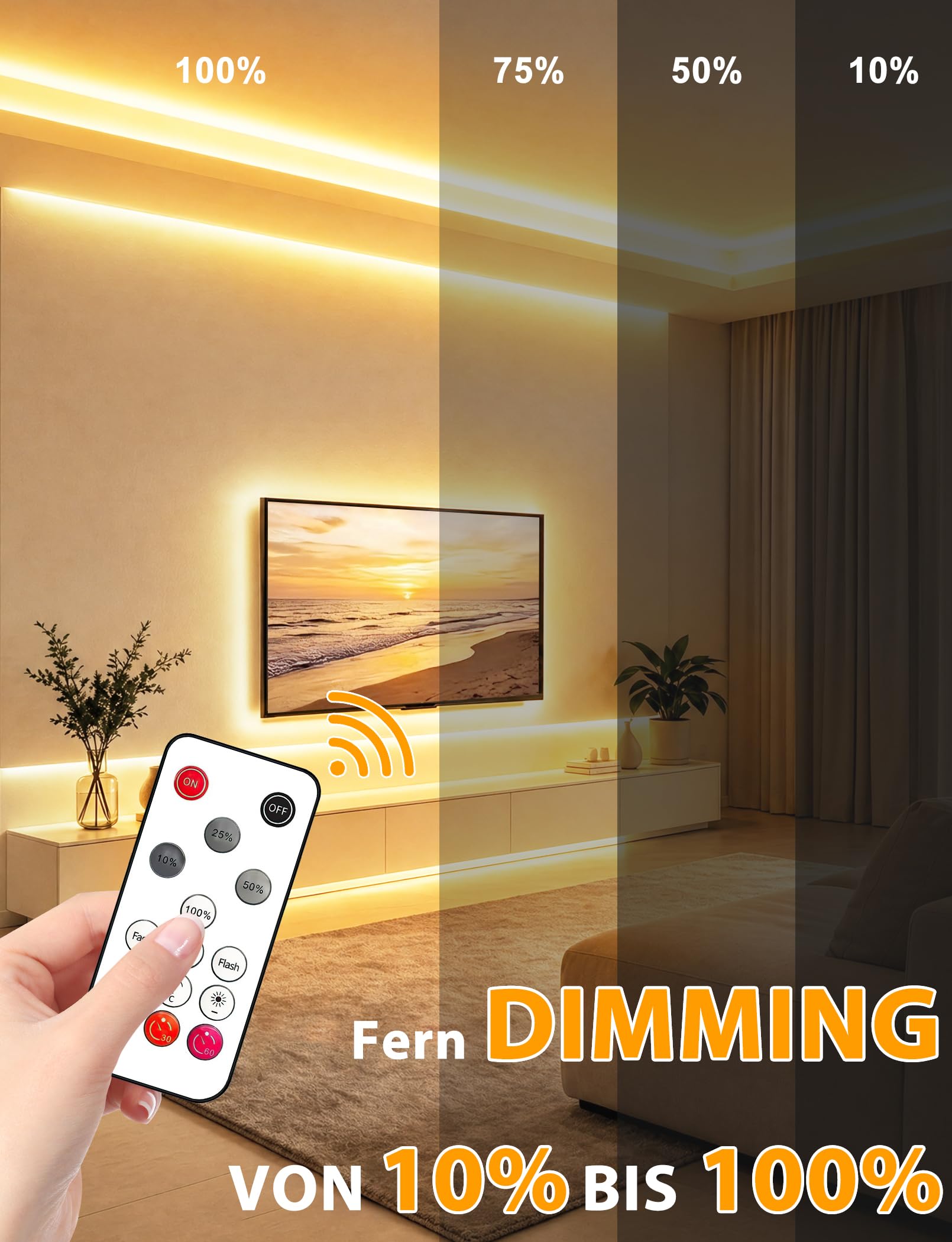 Striscia LED COB, luce bianca calda, dimmerabile, 10 m, con telecomando, 3000 K, autoadesiva, impermeabile, larghezza 10 mm, in silicone, flessibile, per TV, camera da letto, CRI90+