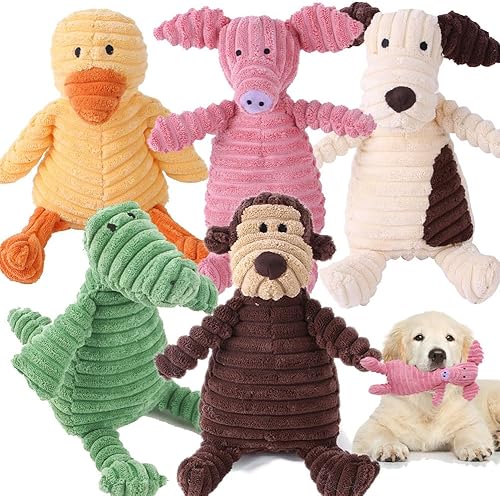 Paquete de 5 juguetes resistentes para perros, juguetes chirriantes de peluche, surtido de juguetes chirriantes para perros, surtido de juguetes