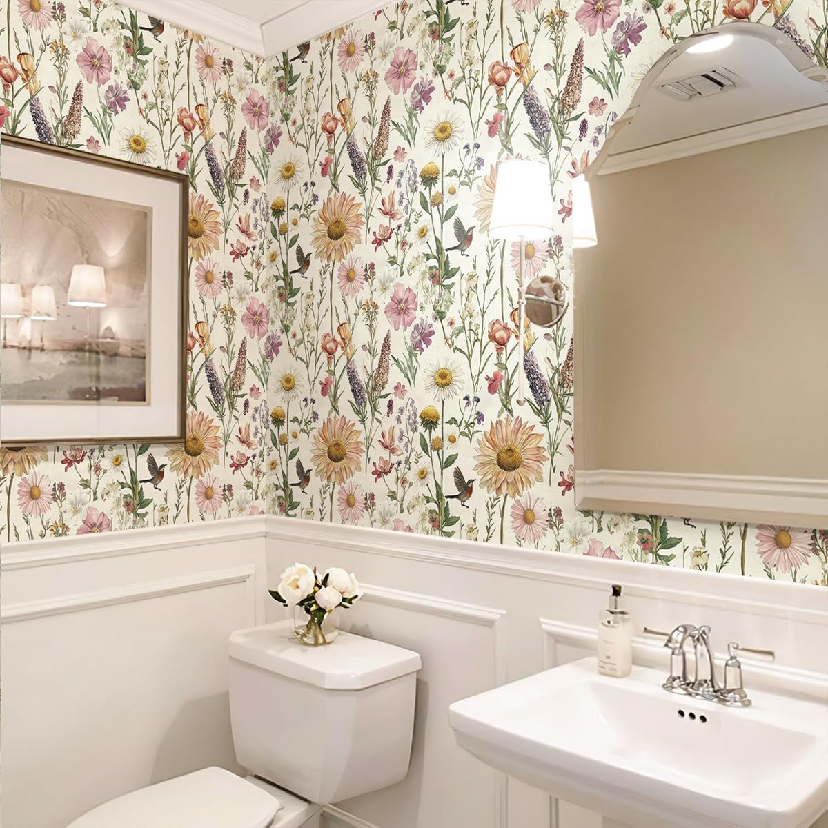 Livebor Floral Peel and Stick Wallpaper Floral Bird Contact Paper 16.9inch x 393.7inch Vintage Flower Wallpaper Peel and Stick Self Adhesive Flower Contact Paper Botanical Decor for Bathroom Vinyl