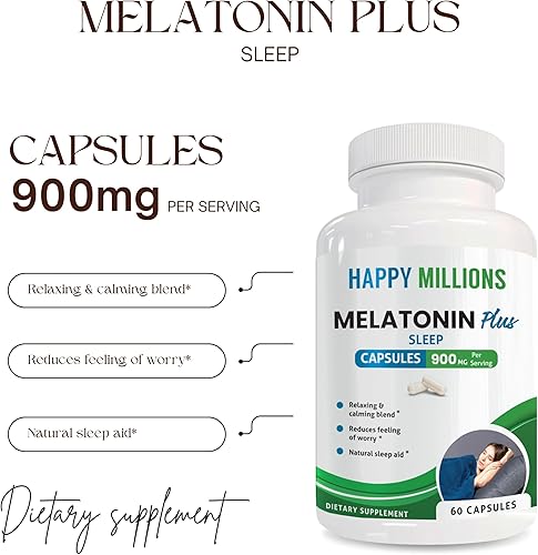 Miniatura 2 de HAPPY MILLIONS Melatonin Plus  Suplemento natural para apoyar el sueño con melatonina, L-triptófano, manzanilla y ashwagandha  60 cápsulas