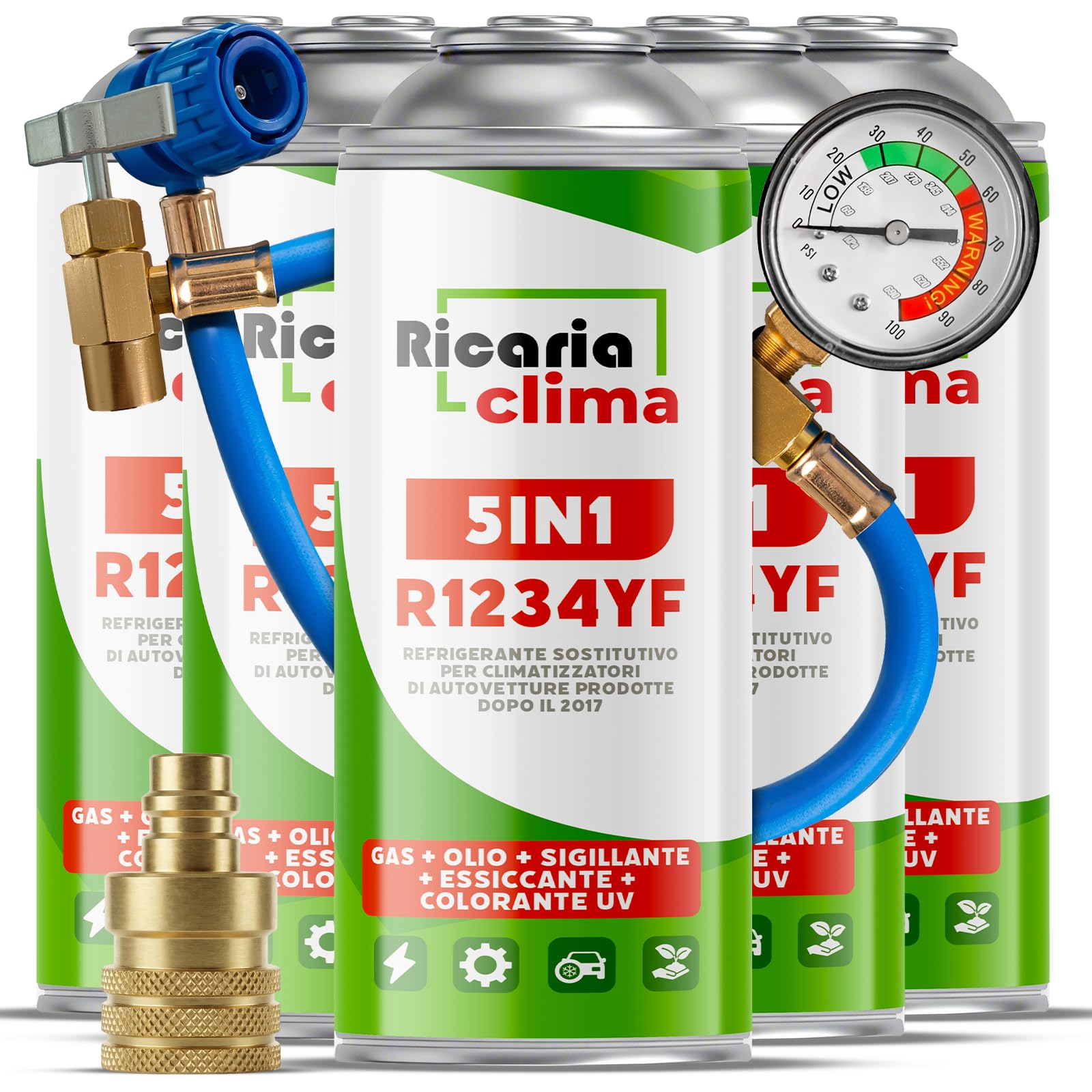 5-in-1 R1234yf x5 – Refrigerante per climatizzatori auto + tubo e adattatore YF – Applicazione rapida – Protegge il compressore – 235 g per confezione