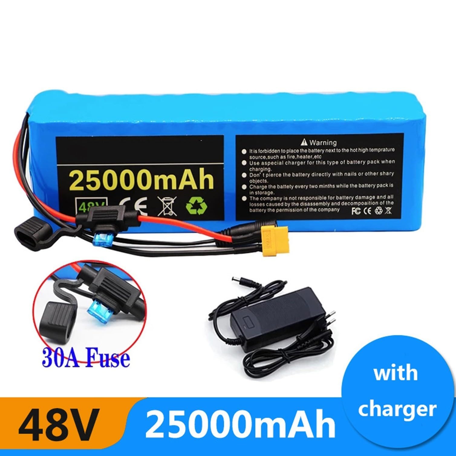 Batterie Lithium 48V 20Ah/25Ah pour vélo électrique 13S3P avec Protection BMS, pour Scooter électrique 200 W, 500 W, 1 000 W, avec Chargeur XT60 Plug,48V 20Ah
