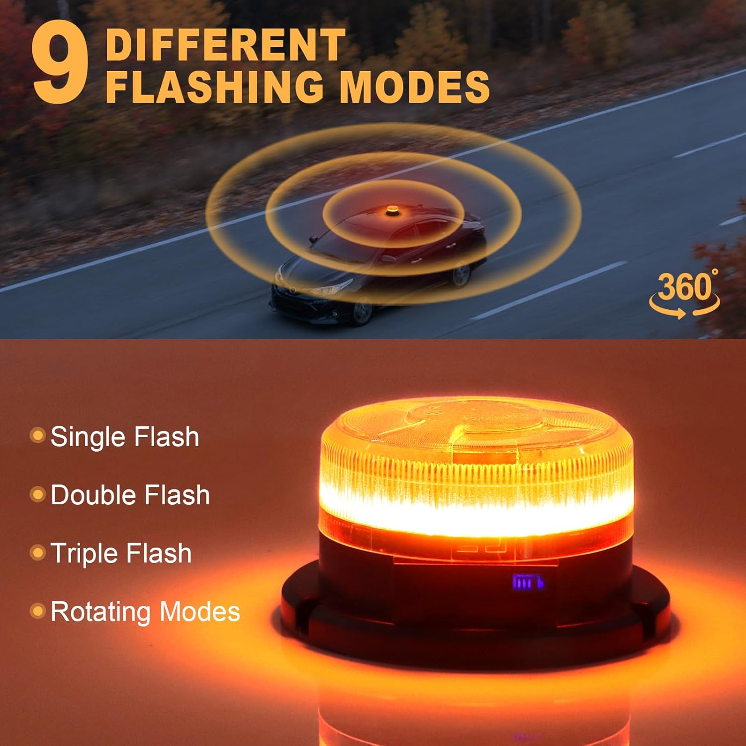 磁気ストロボビーコンライト5インチ、USB-C充電式安全警告点滅ライト、9モード、IP67防水緊急ライト、車両、トレーラー、トラック