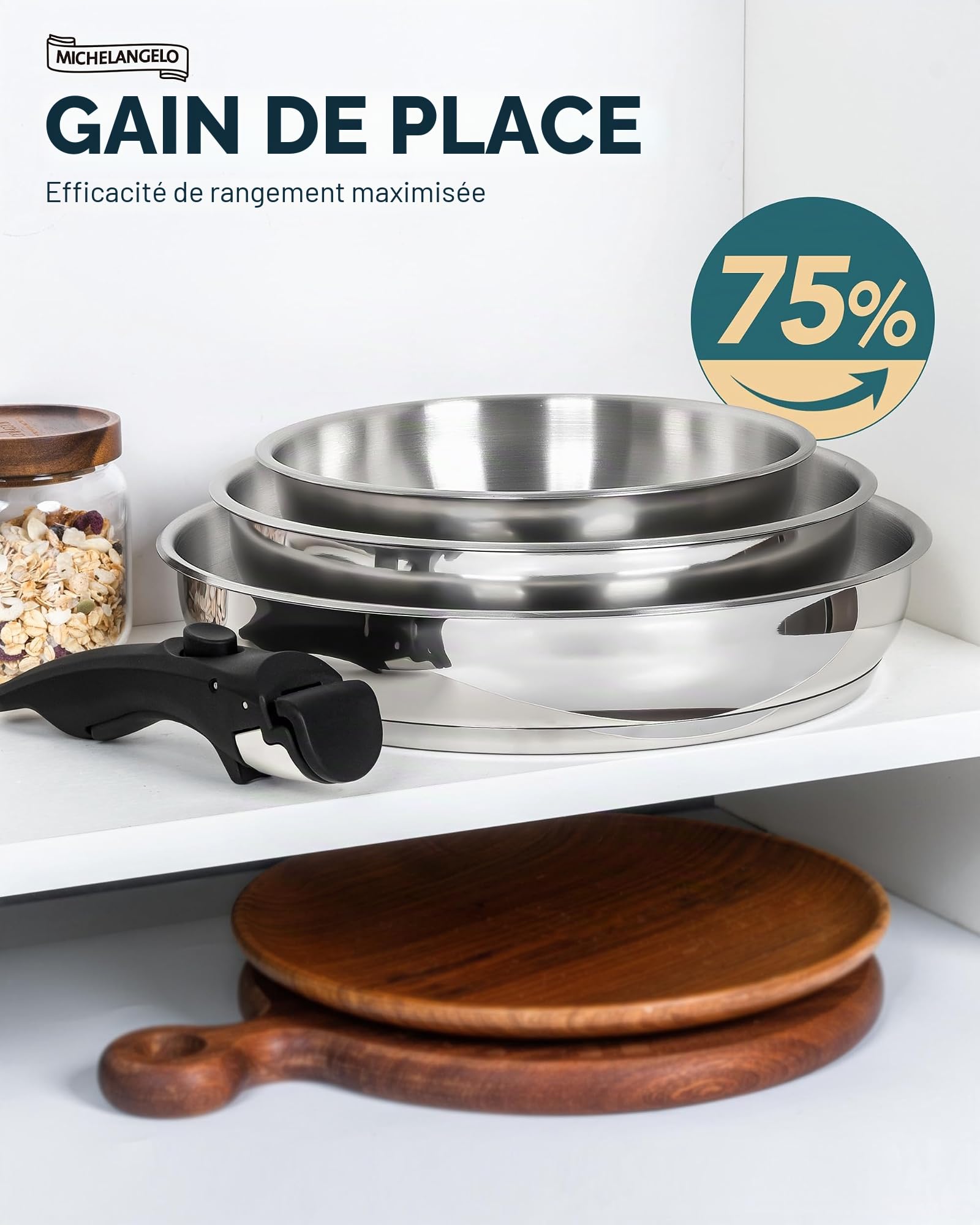 MICHELANGELO Ensemble de poêles à frire en acier inoxydable avec poignée amovible, triple base en acier inoxydable, compatible avec induction - 20,3 cm, 24,1 cm et 27,9 cm