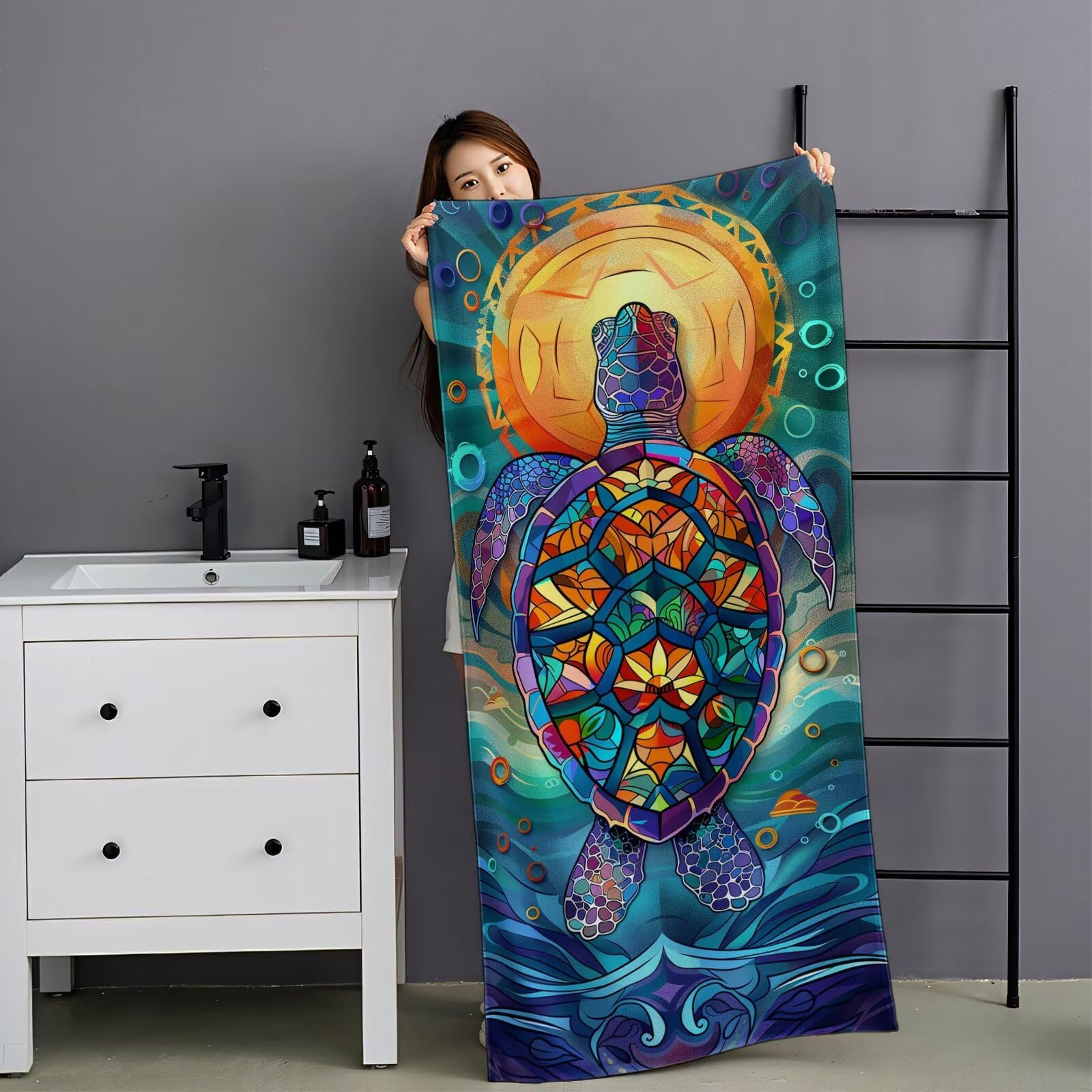 Ręcznik plażowy, kolorowy, z mikrofibry, 100 x 220 cm, żółw, 2 sztuki, szybkoschnący, ultra cienki, kompaktowy, nie zajmuje dużo miejsca, z torbą, dla kobiet i mężczyzn, na kemping, fitness, urlop, YJ