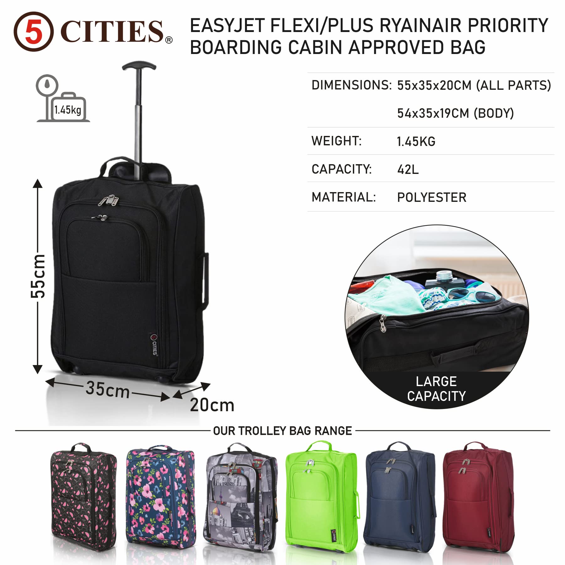 5 Cities The Valencia Collection Handgepäck Set of 2 TB023-830 Black, 55 cm, 42 L, Schwarz