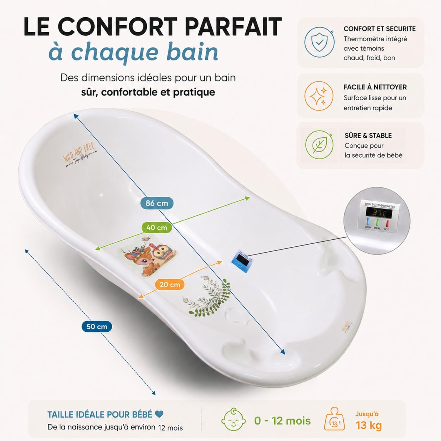 Bañera para bebé con termómetro (86 cm), color blanco