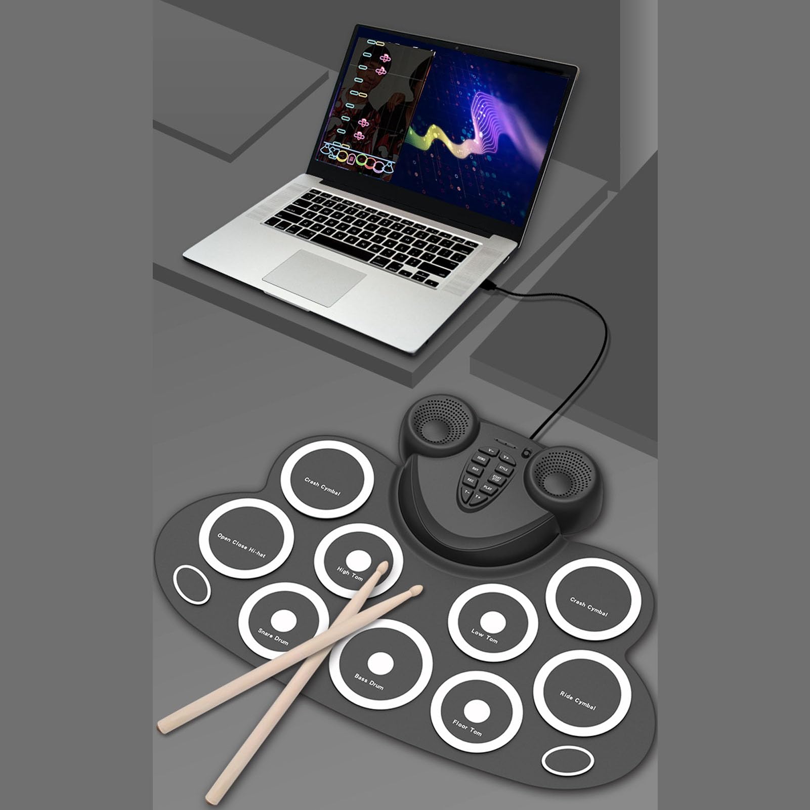 CHICIRIS Batería Electrónica, Batería Enrollable de 9 Pads, Altavoces Mejorados, Conectividad MIDI, Perfecto para Niños, Principiantes, Fiestas Al Aire Libre