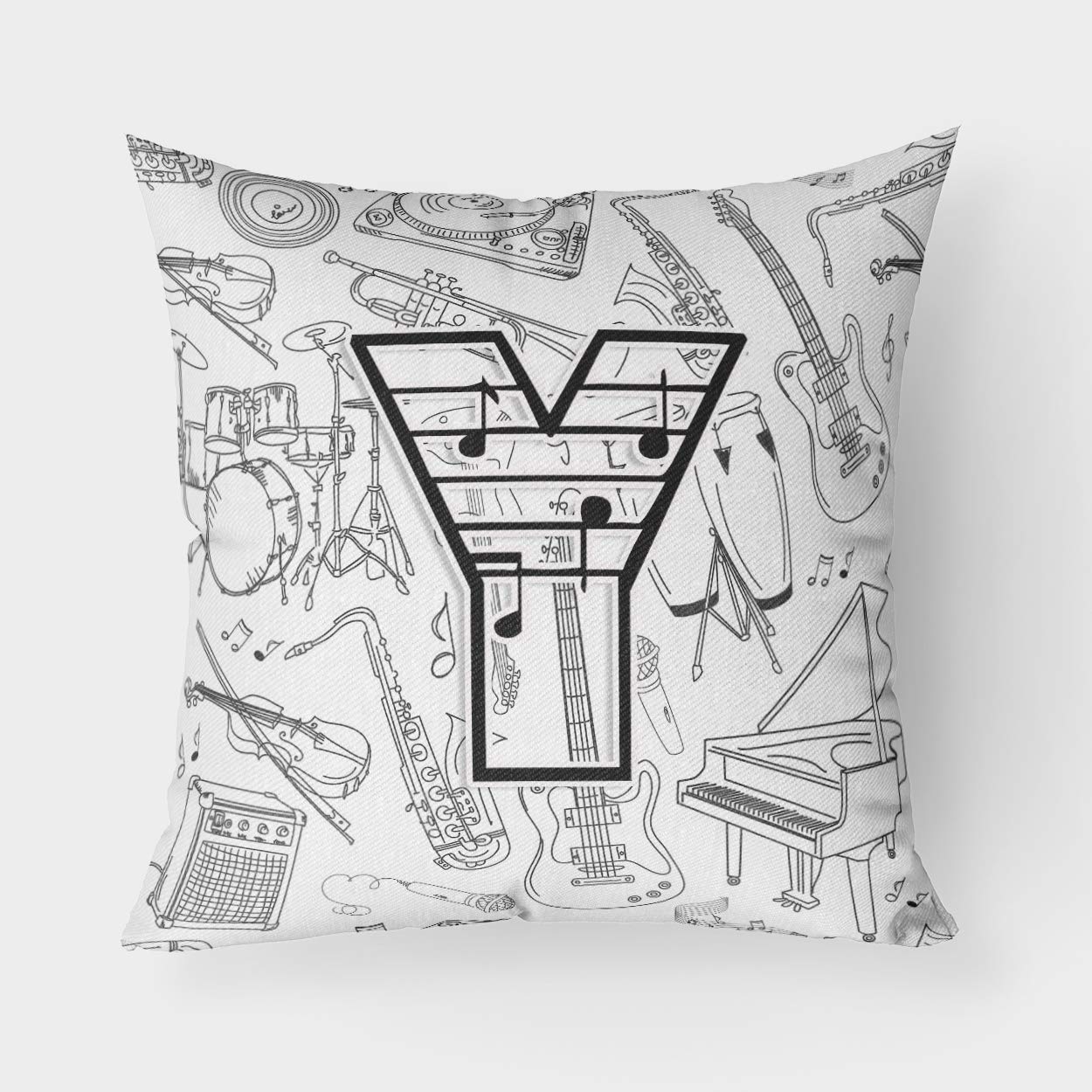 Oreiller décoratif lettre Y motif de note de musique 45x45 cm en tissu toile de canevas