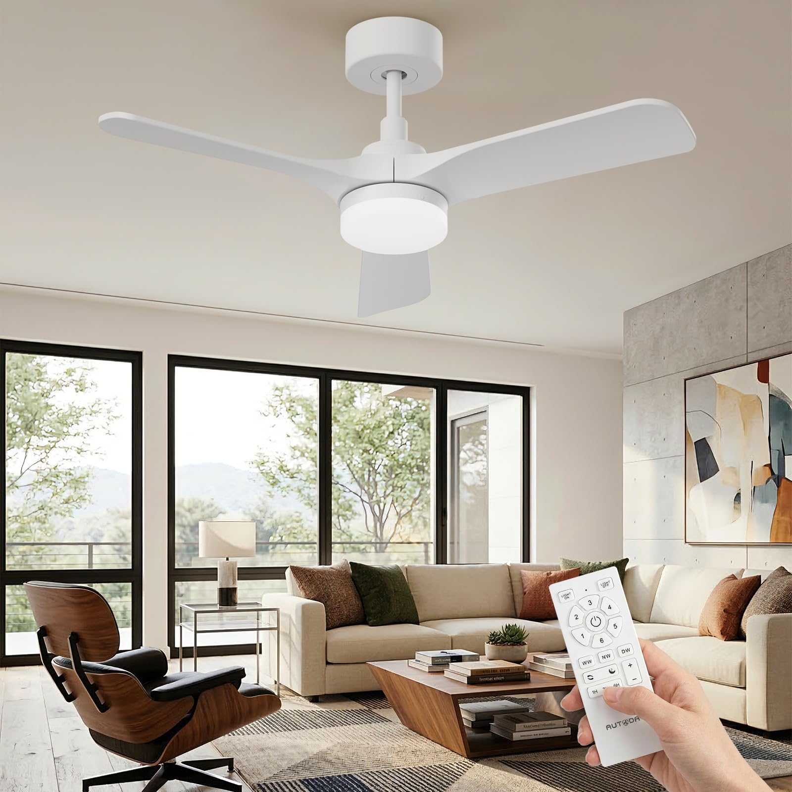 Ventilateur De Plafond En Bois Avec Lumière Led, Moteur Dc Silencieux, 24W Dimmable, 90Cm, 3 Pales En Bois, Télécommande Mémoire, 6 Vitesses, Minuterie, Extérieur