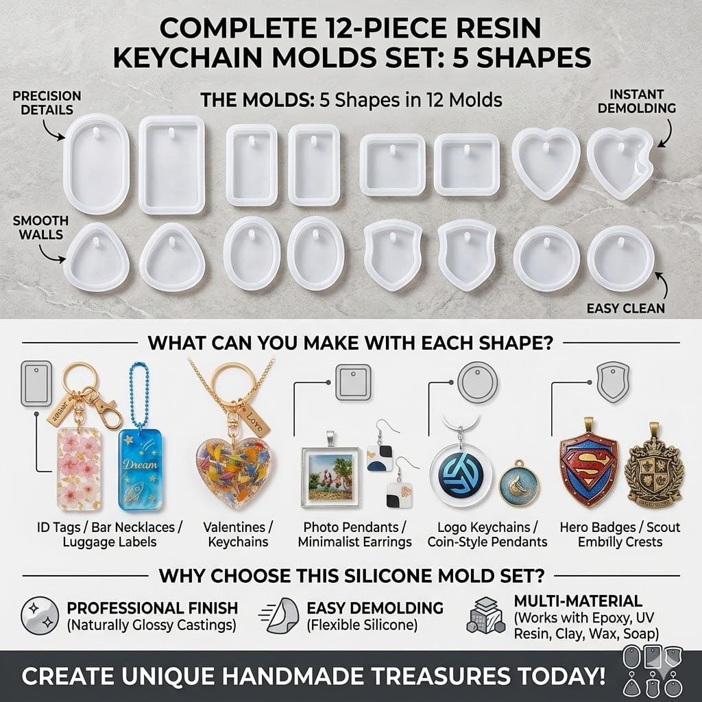 Resin Keychain Molds 12 PCS, Rectangle Silicone Molds for Resin Keychain with Heart Square Circle Shield Shape, Small Resin Molds for Epoxy Casting, Silicone Keychain Mold for DIY Jewelry Pendant