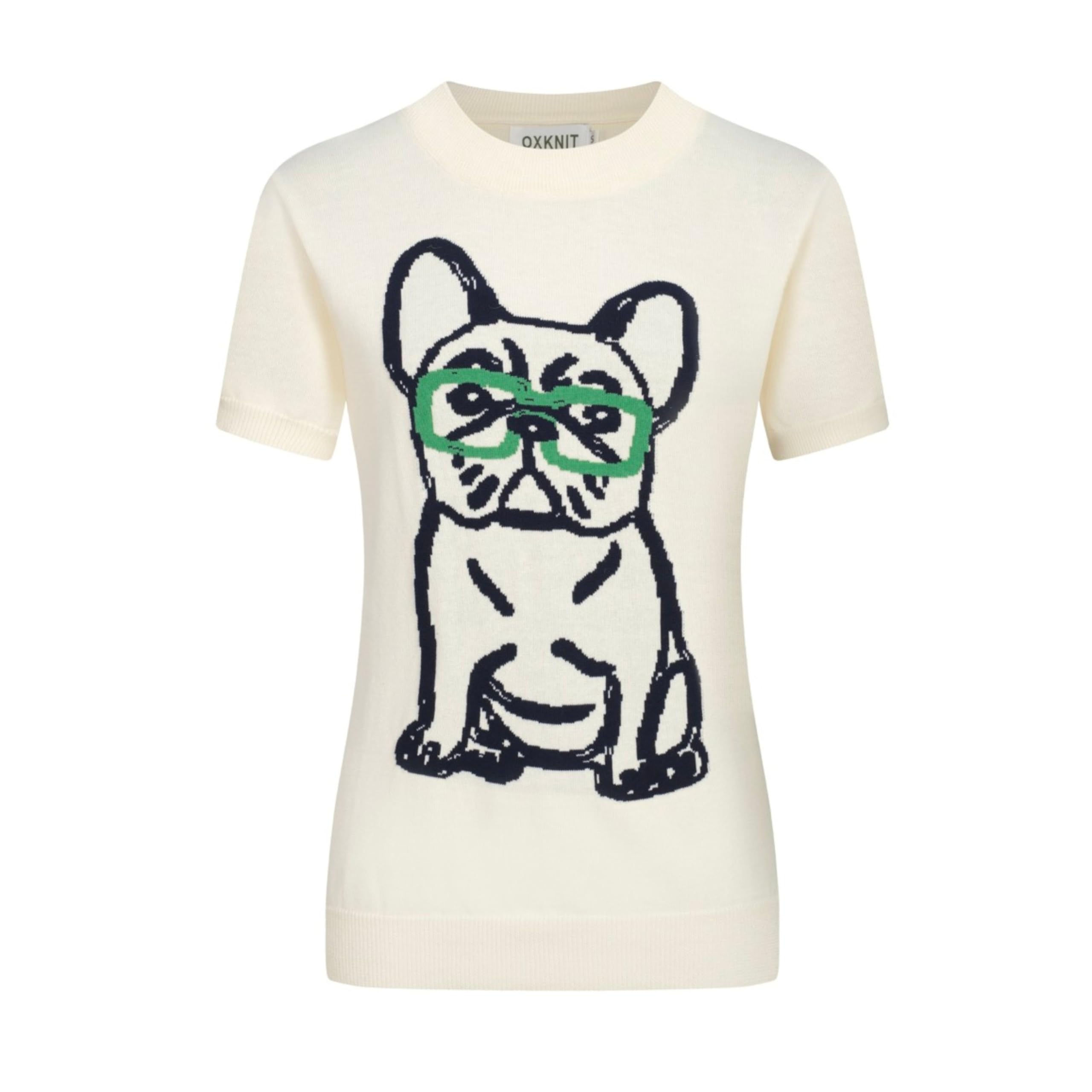 OXKNIT Women's Knitted T-Shirt Short Sleeve, 1960s Mod Style Hand-Drawn Dog Pattern Crewneck Tops White
