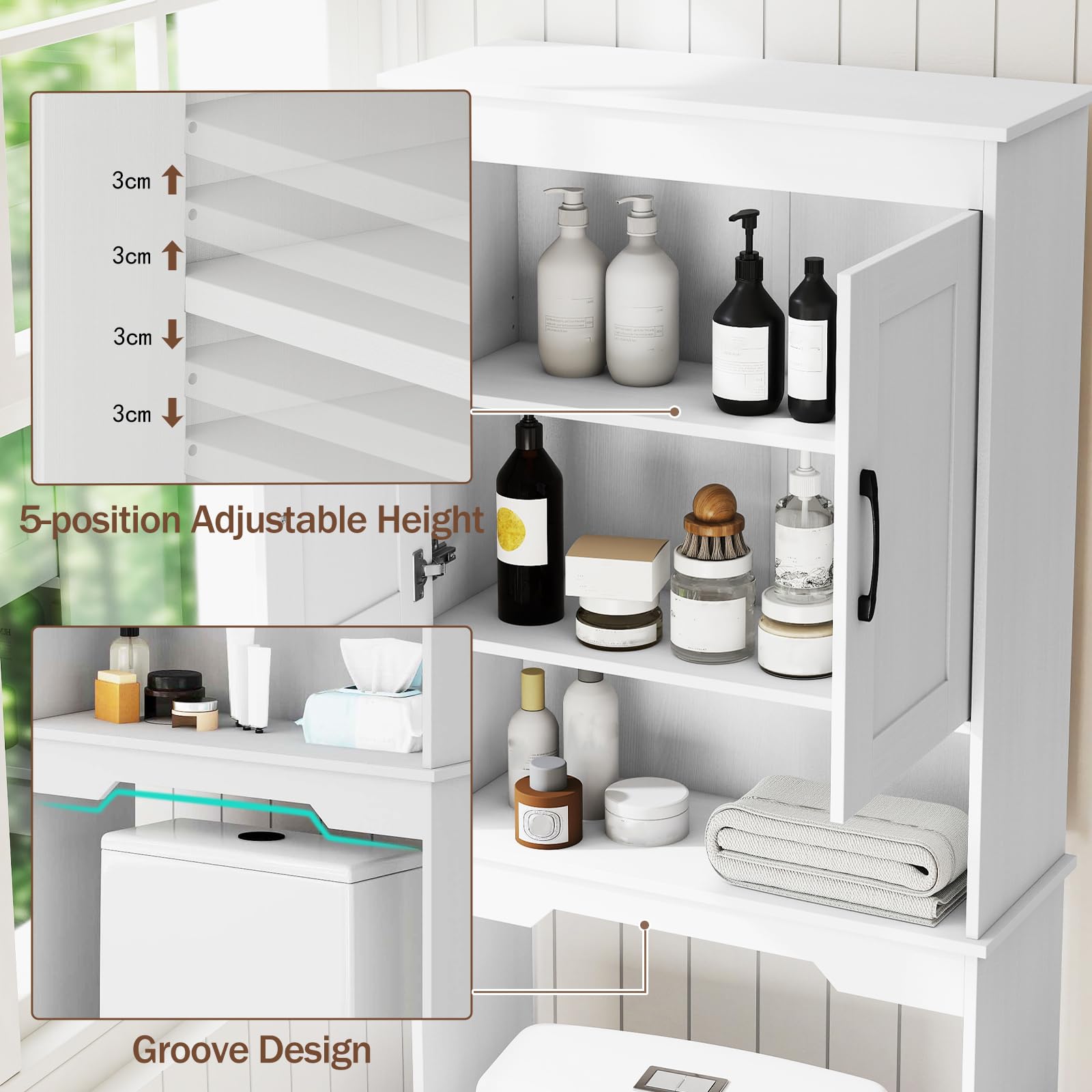 LIFEZEAL Mobile alto WC / lavatrice - Mobile da bagno con 2 ante e ripiano regolabile, armadio da bagno indipendente (bianco)