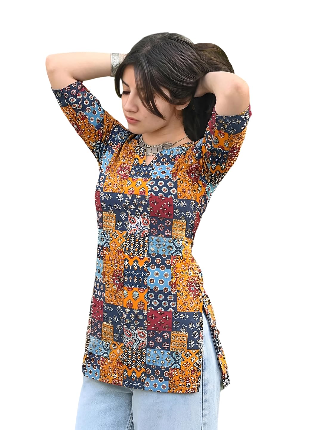Women Printed Short Kurti Cotton Blend Tunic Top, Notch Neck & 3/4 Sleeves, Casual Ethnic Wear for Office, College & Daily Use, Stylish Regular Kurti for Women (Available in Plus Size)-image-18