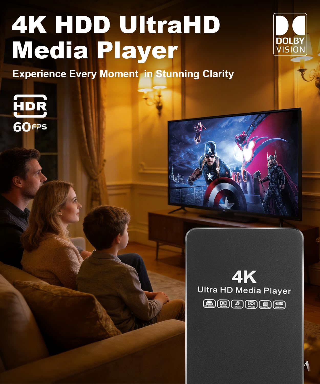 4K HDD 60Hz Media Player & HDD Enclosure 2 w 1, metal, Play H.265/HEVC H.264/AVC MP4 MKV Video MP3 Music JPG Photos,4K HD, analogowy AV, USB 3.0, typ C, obsługuje SSD, 2,5" SATA HDD z kartą USB/SD