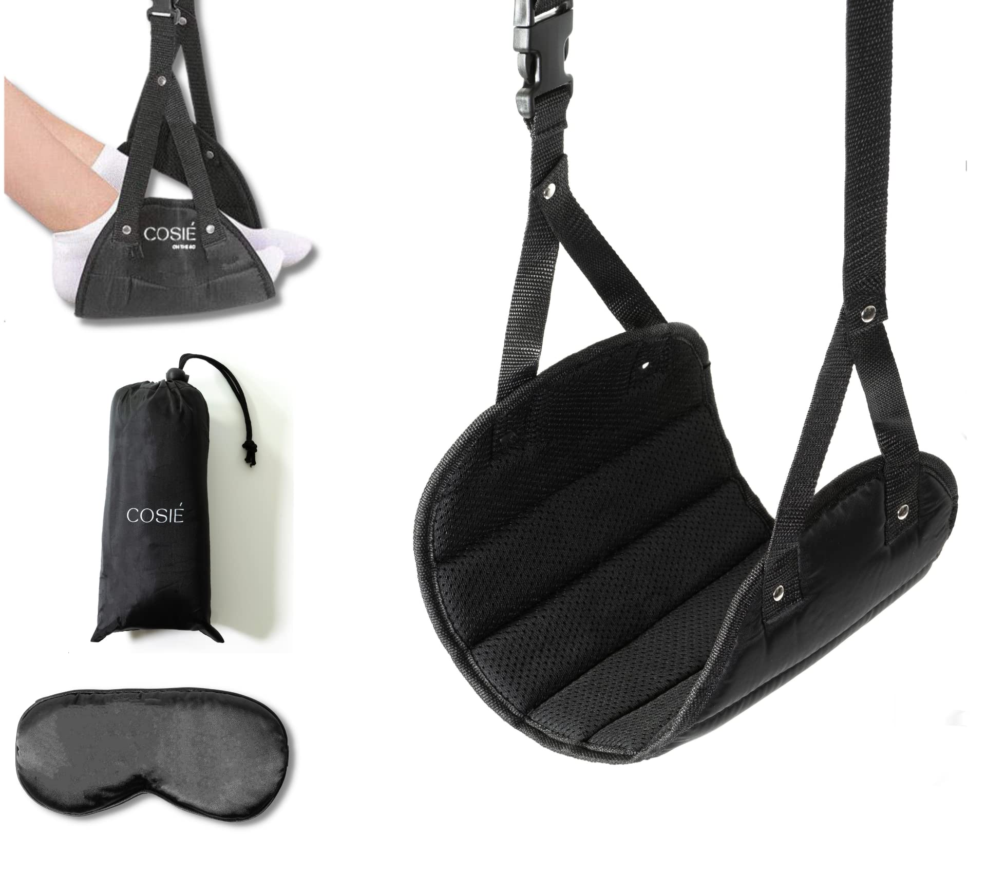 Cosie On The Go Airplane Footrest - Portable Leg and Feet Hammock for Flight Or Under Desk, Comfort Cushion Air Travel Accessories - with Face Mask & Carry Bag