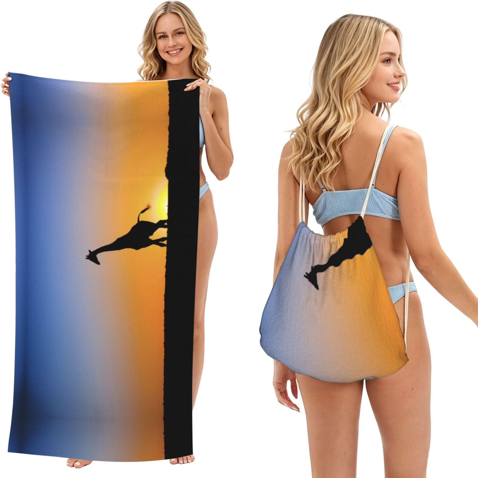 ESNAIUVCD Giraffes At Sunset Print Beach Towel For Adults,Towel With Drawstring Bag, Travel Pool Swimming Sports Shower Sand Free Quick Dry Bath Towel For Pool, Beach, Yoga- 180x60cm