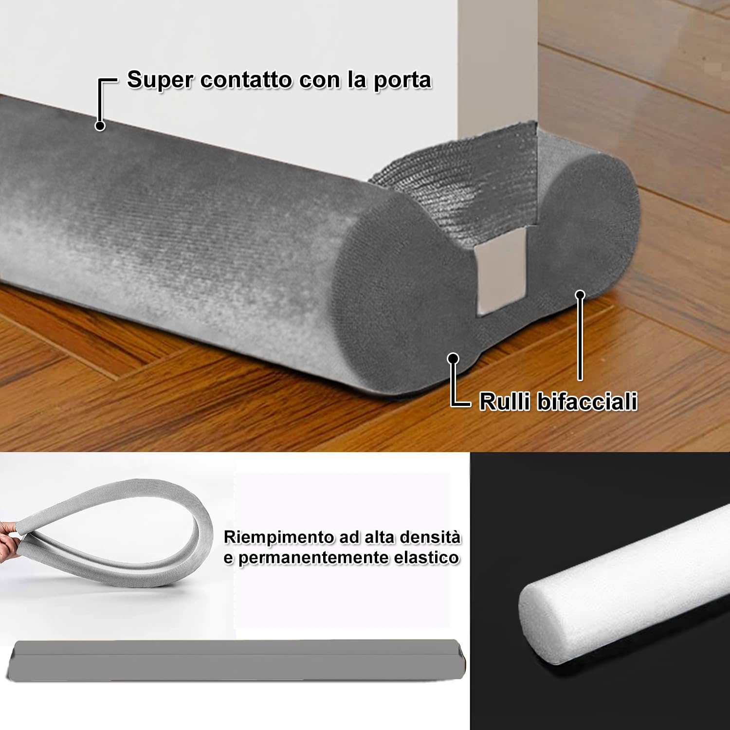 BKSAI Paraspifferi per Porte Guarnizione Inferiore Porte Senza Colla | Paraspifferi Doppia Guarnizione Isolante Termico Insonorizzato Antivento, Paraspifferi Sottoporta per Porte 80-100 cm Grigio