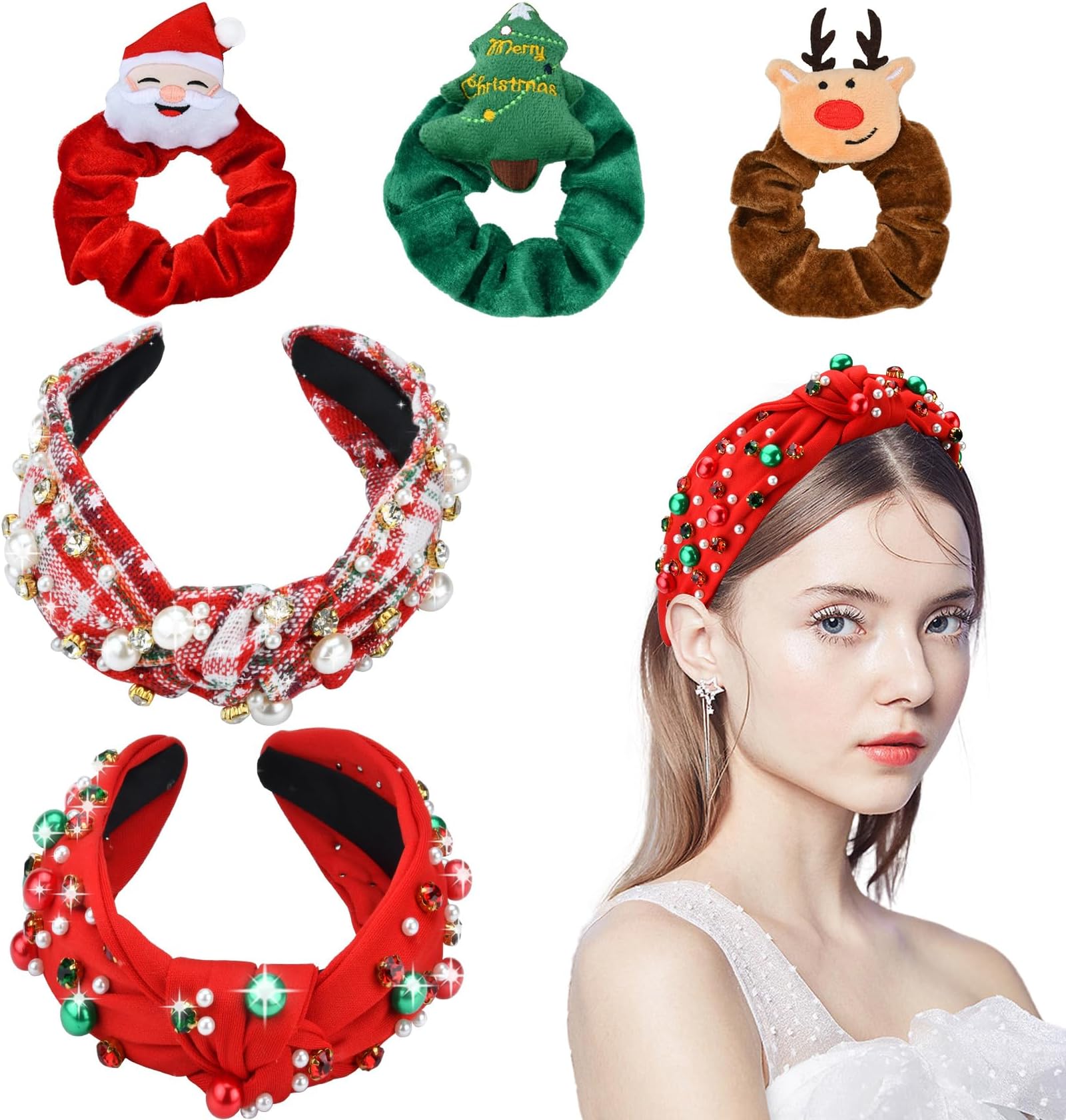 Abitoncc 5 Pcs Christmas Headbands for Women Soft Hair Scrunchies Sets Pearl Crystal Jeweled Red Embellished Fashion Ladies Wide Knotted Xmas Hair Accessories Holiday Outfits Gifts