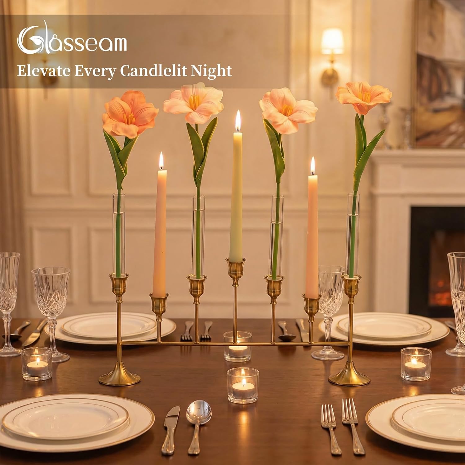 Bud Vases with Candlestick Holders: Glasseam 7PCS Small Glass Vase for Flowers & Gold Taper Candle Holders for Wedding Decor 5.9’’ Skinny Clear Vase & Silicon Case for Floral Arrangements Tablescapes