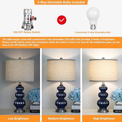 Miniatura 3 de Lámpara de mesa de cerámica de 25 pulgadas, color azul marino, triple calabaza, lámpara de mesa moderna para dormitorio, sala de estar, bombilla