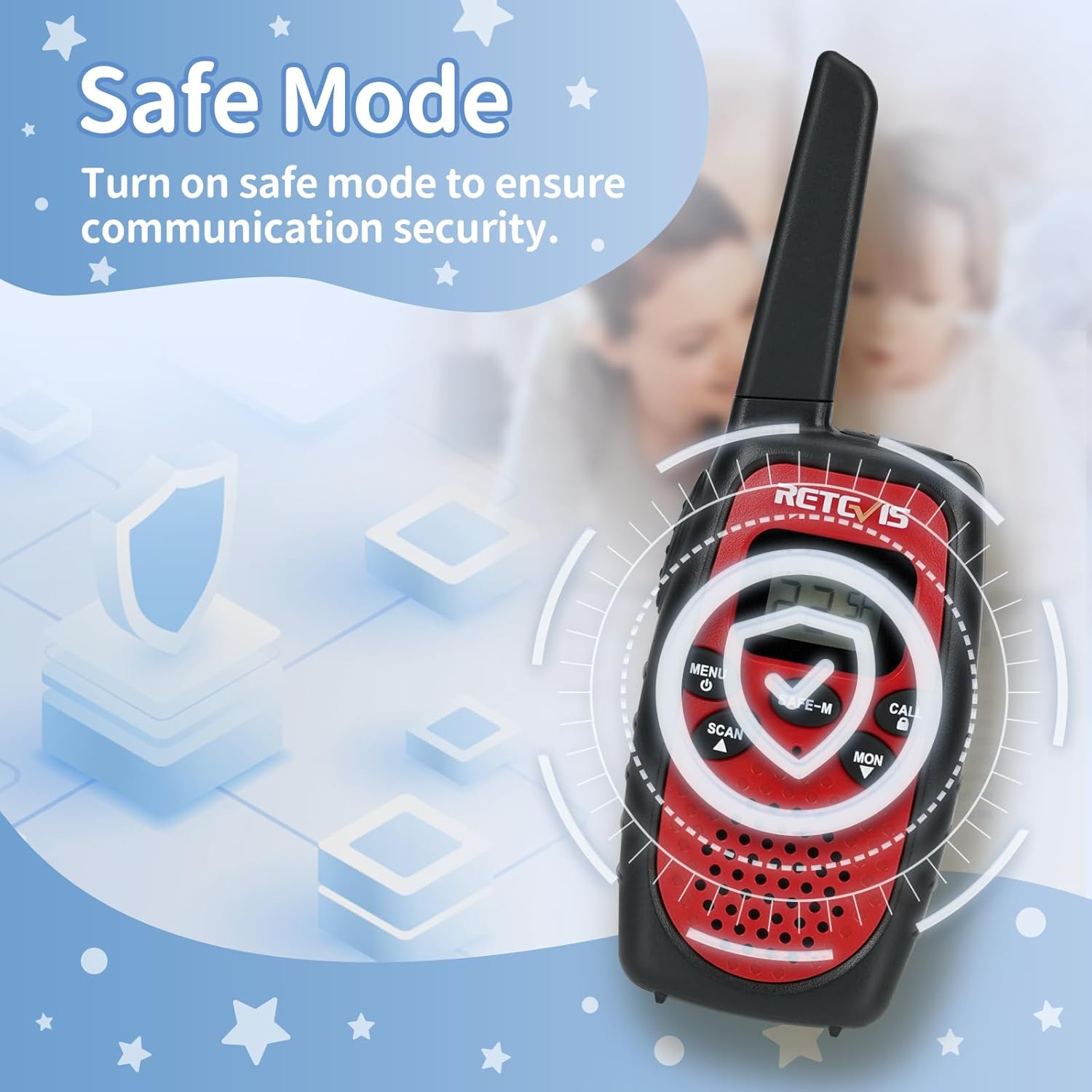 A red Retevis RT628S walkie talkie with a shield icon highlighting the 'Safe Mode' feature, indicating communication security.