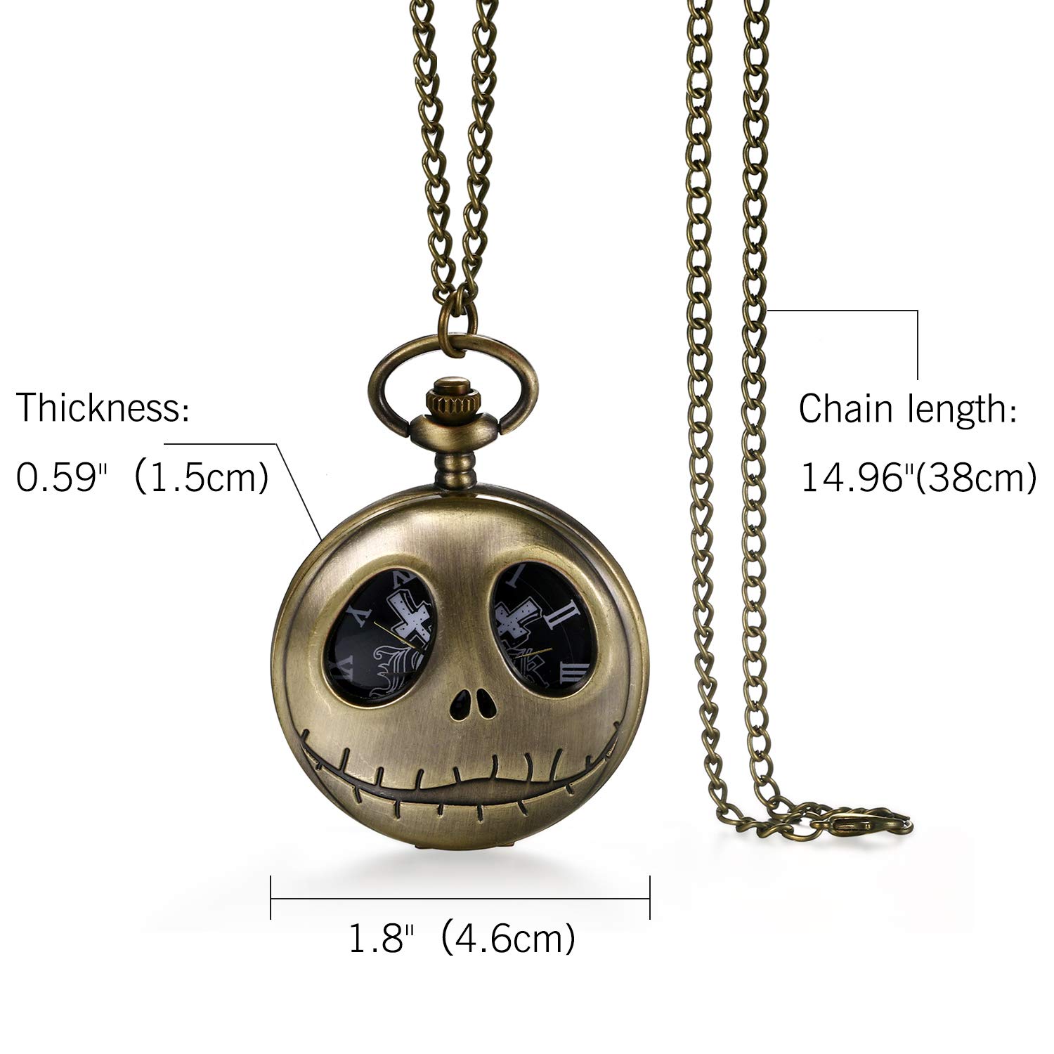 JewelryWe - Reloj de Bolsillo Retro para Hombre y Mujer, Esfera de Calavera con Collar de Bronce Antiguo