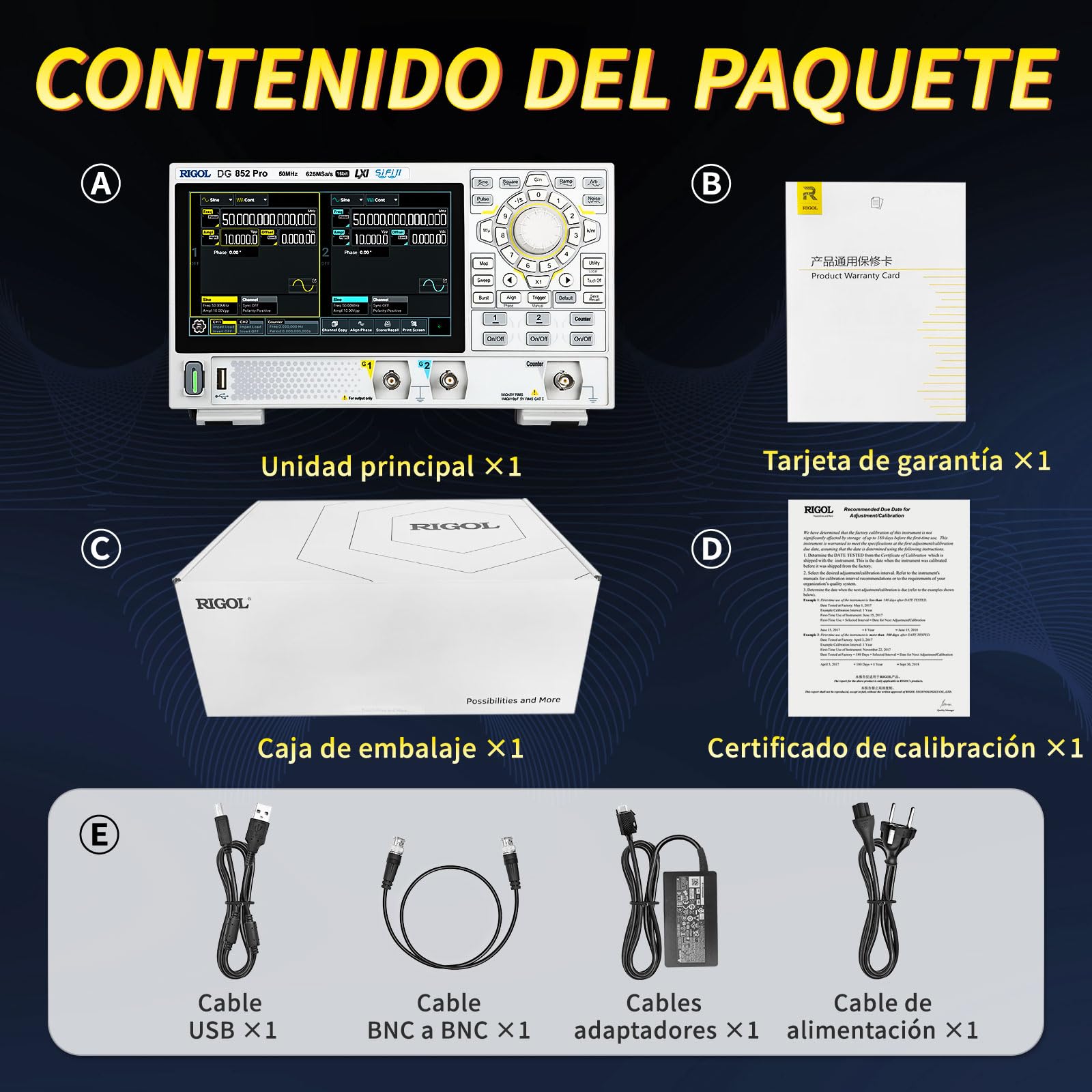RIGOL Generador de Funciones, DG852 Pro Generador de Señales,50 MHz,2 Canal,Resolución de 16 bits,Pantalla táctil HD de 7 pulgadas,Ultra portátil,Ideal para pruebas en campo y enseñanza en laboratorio