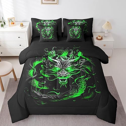 Castle Fairy 3D Dragon 7 Pieces Comforter Set Queen Size,Neon Green Flame Dragon