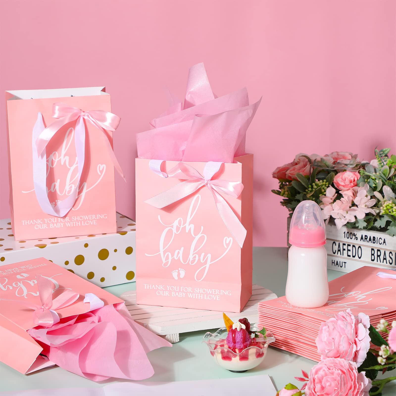 PerKoop 50 sztuk torebek na prezenty na baby shower, z bibułką, torba na baby shower, z uchwytem, papierowa torba na prezent i 50 arkuszy, dekoracyjna bibuła dla gości, prezenty ujawniające płeć,