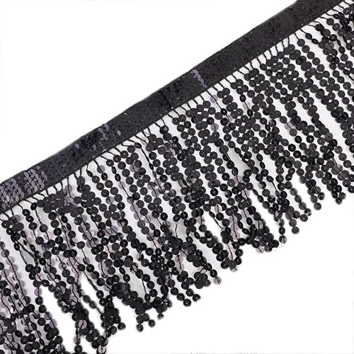 Lauthen.S Borde de flecos de lentejuelas, borlas de lentejuelas para manualidades, vestido latino, adorno de ropa (negro, 11.8 pulgadas x 6.5 yardas)