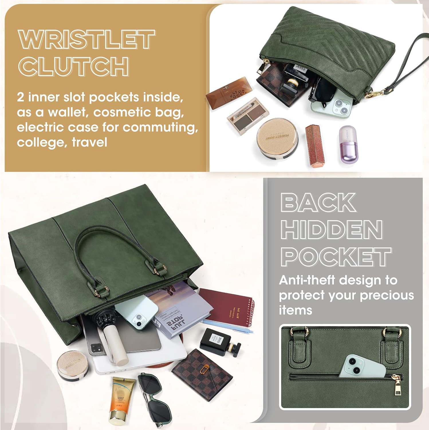 NEWHEY Laptop Bag for Women 15.6 Inch Large Work Tote with Clutch Bag Designer PU Leather Messenger Shoulder Briefcase Ladies Handbag with Laptop Pocket for School Office Travel Business image 5