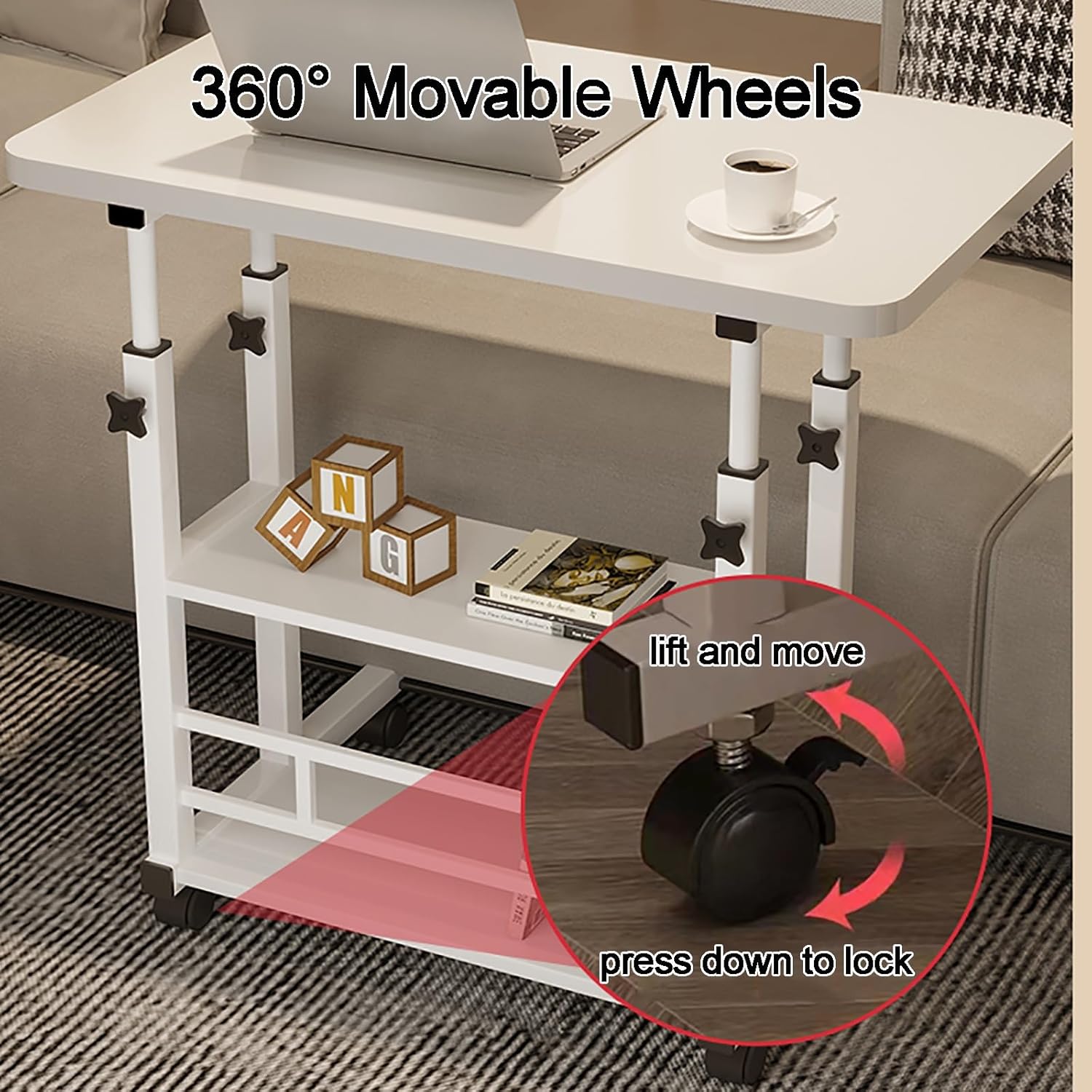 Image showing the 360 degree movable wheels and how to press down to lock them.