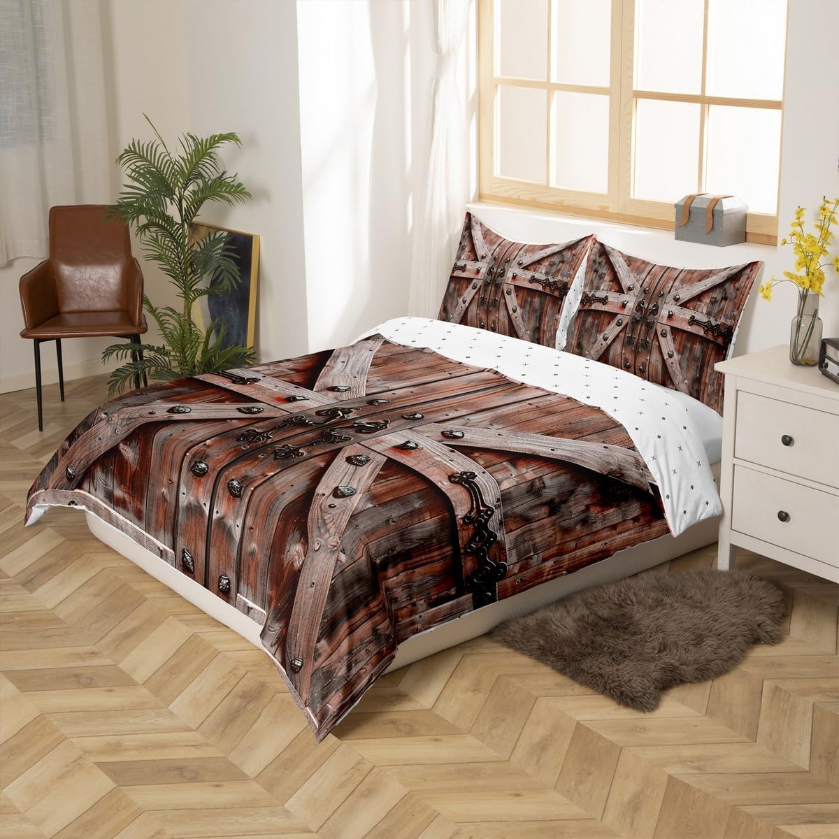 Castle Fairy Rustic Bedding Set,Wooden Barn Doors Duvet Cover for Kids Teen Boys Girls,Farm Farmhouse Comforter Cover Decorative Room,Retro Metal Quilt Cover with 2 Pillowcases,King Size(No Comforter)