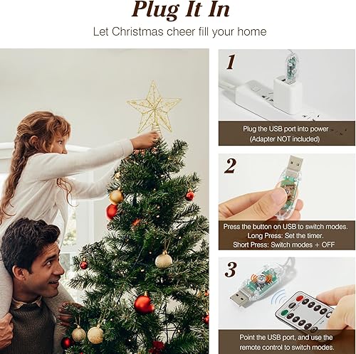 Miniatura 121 de Lewondr Decoración para árbol de Navidad, control remoto alimentado por USB, temporizador de 6 horas, estrella de árbol controlada con luces y Plata