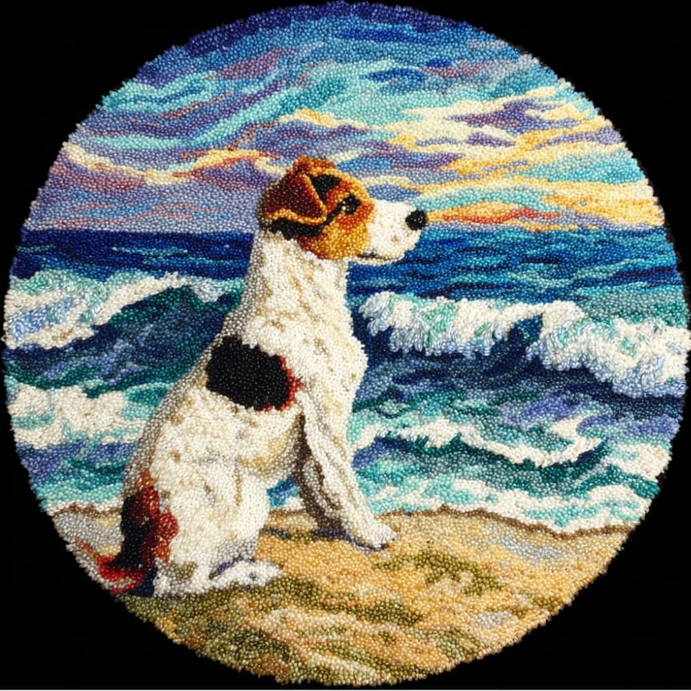 kitphoenix DIY Latch Hook Rug Kits Russell Terrier Easy for Beginners Round Carpet Crochet Yarn Craft Large Rug Hook and Latch Tapestry for Home Decor 50X50Cm