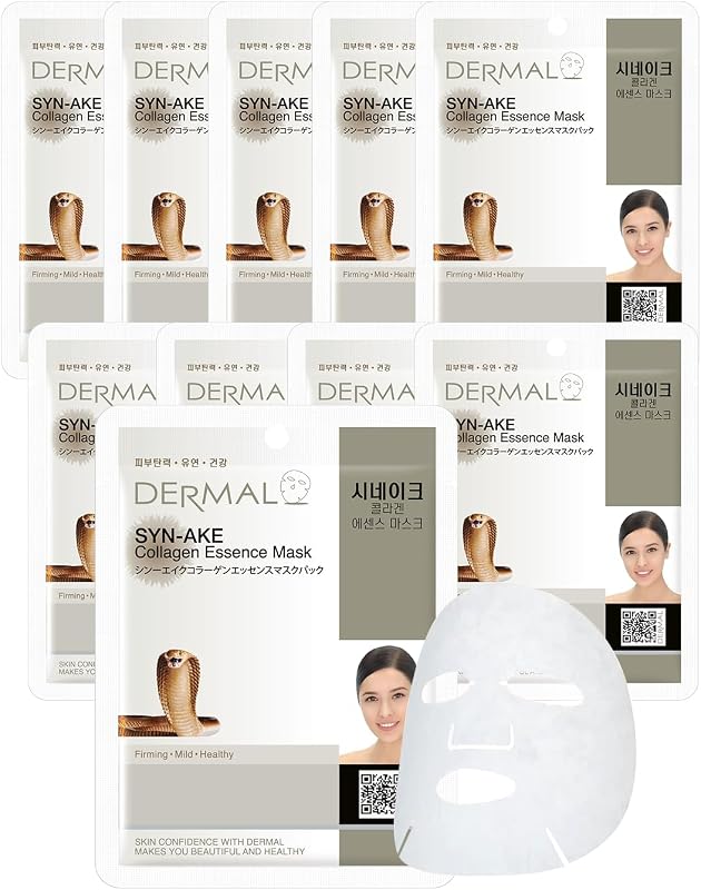 Máscara facial de tecido DERMAL Syn-Ake com colágeno e peptídeo, 23 g, pacote com 10