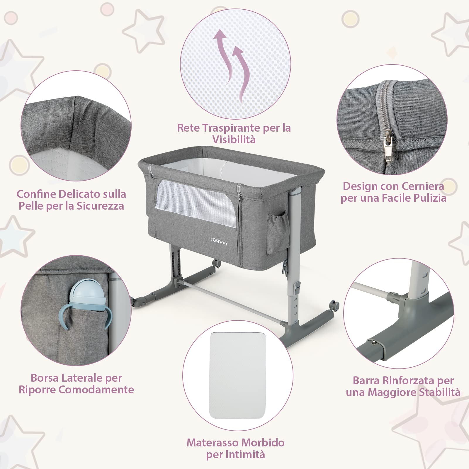 COSTWAY Culla Neonato Fianco Letto 3 in 1, Lettino Dondolo Neonati con Materasso, Culla da Campeggio con Ruote e Borsa, Regolabile In Altezza, Inclinazione di 10°, per Bambini 0-6 Mesi (Grigio)
