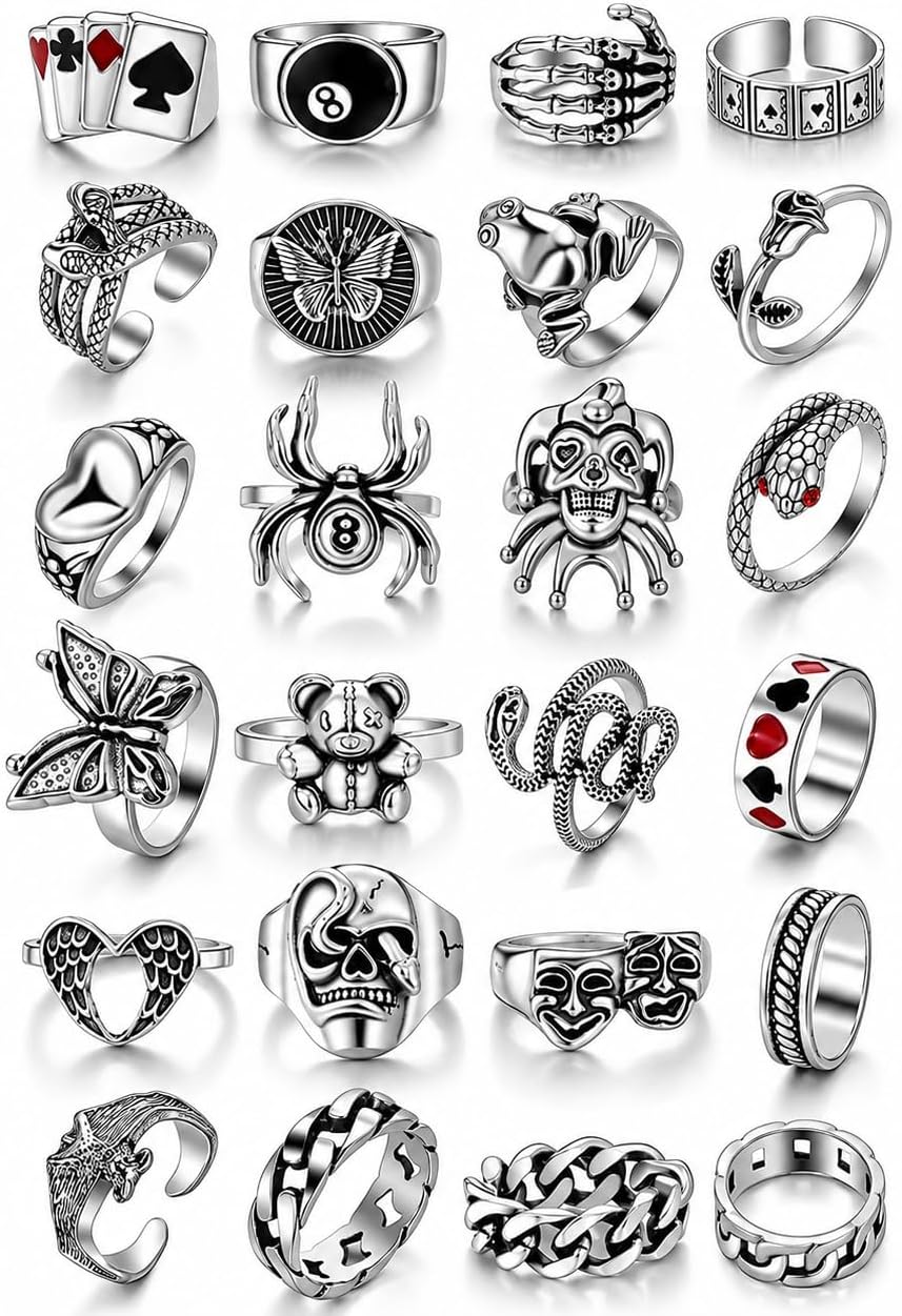 Gothic Ring Set for Women, Antique Silver Tone Punk Knuckle Rings