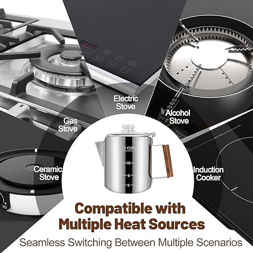 Miniatura 7 de Cafetera de acero inoxidable 304 para 12 tazas, cafetera con mango de madera maciza, perilla transparente, estufa Greca Mocha para inducción, hogar