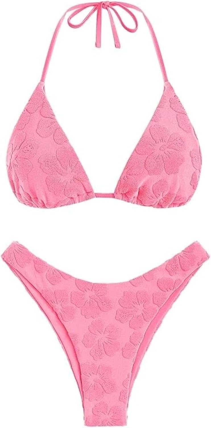 seamoly Women's Bikini Sets Toweling Jacquard Textured Halter Two Piece Swimsuits Open Back Cheeky High Cut Bathing Suit