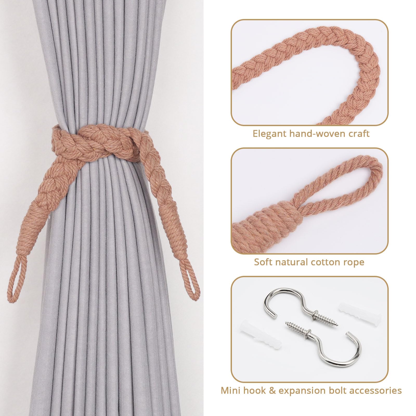 Pretty Jolly 2 Pack Natural Cotton Rope Curtain Tiebacks Elegant Boho Style Decorative Drape Tie Backs Soft Hand-Woven Rope Curtain Holdbacks with Metal Hook for Home & Office Drapery (Reddish Brown) - Image 2